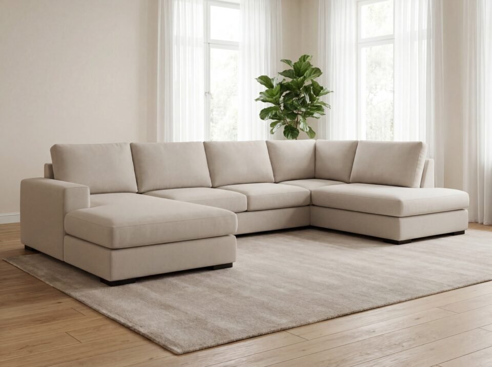 Kampinė sofa EDEN U šviesioje svetainėje
