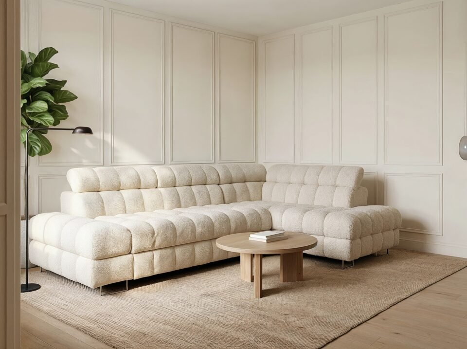 Kampinė sofa NICE interjere – vaizdas iš kairės