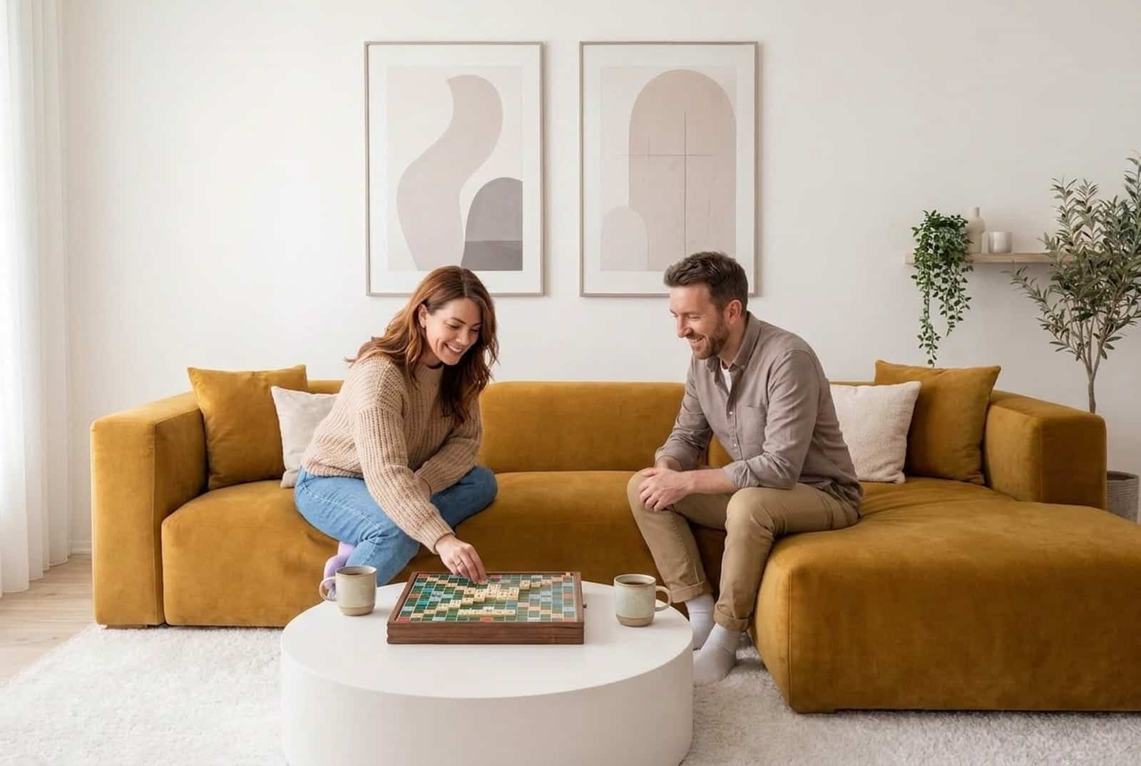 Kampinė sofa ANTHONY – pora žaidžia stalo žaidimą svetainėje